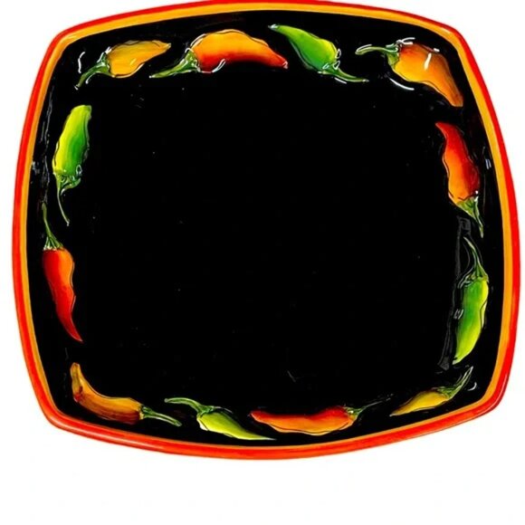 CLAY ART Jalapeño PLATE Hot Pepper Black orange yellow green fiesta 1” d x 8” sq - Picture 2 of 13